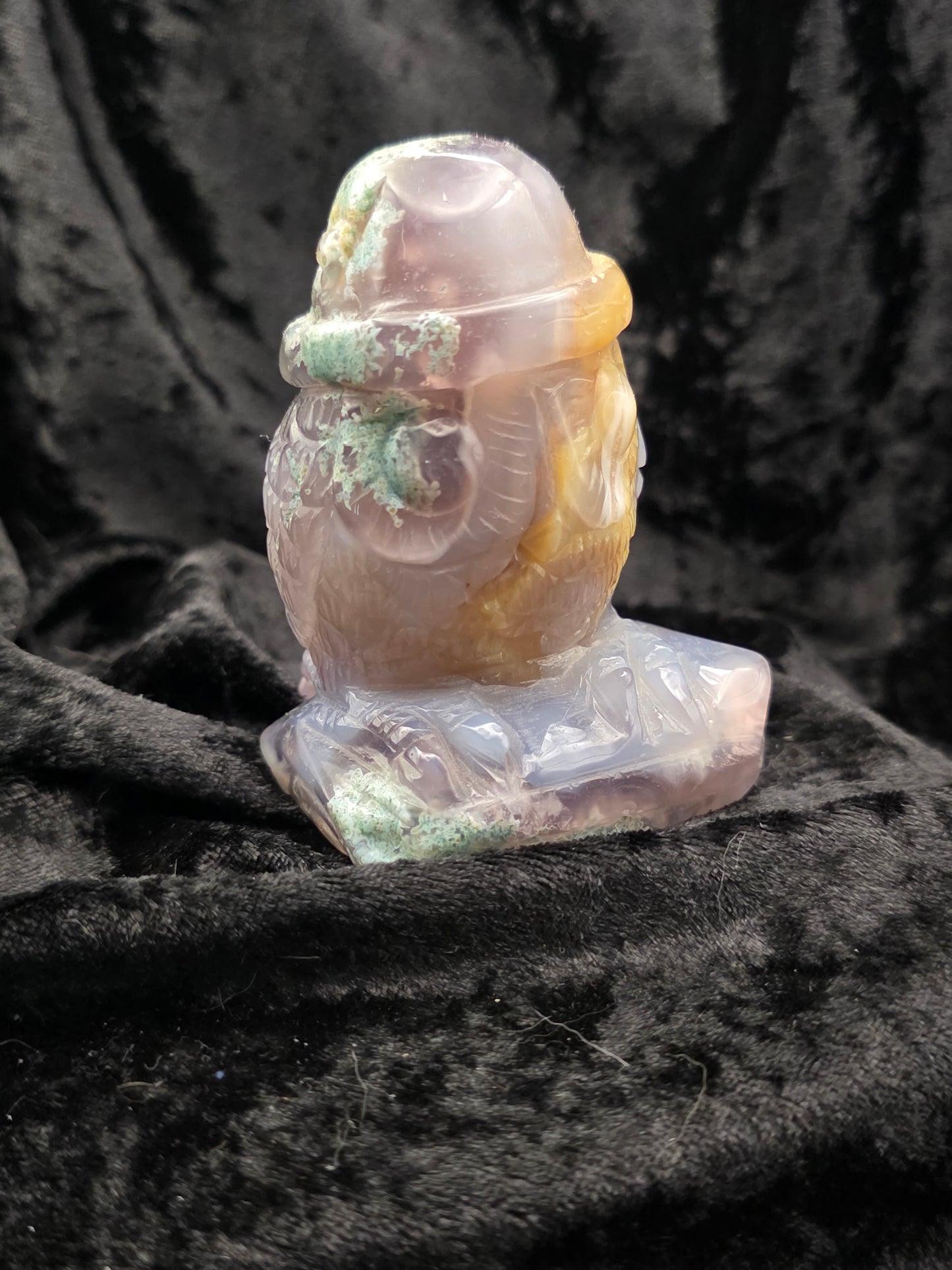 🦉 OJ Agate Owl with Hat Carving — Ancient Wisdom (3.6")