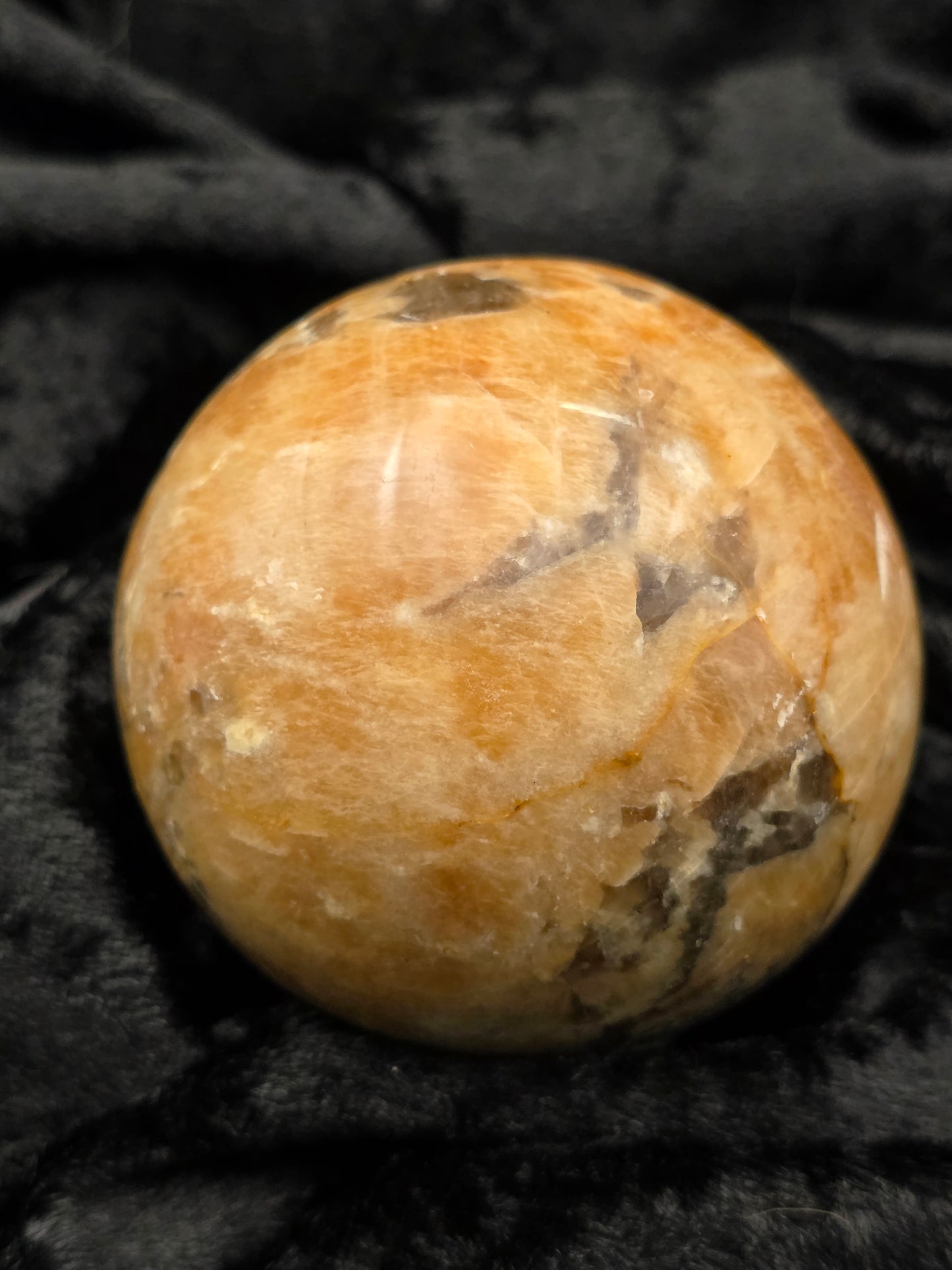 ⚡ Peach Moonstone x Black Tourmaline Sphere – Shielded Glow (2.33 in, 307 g)