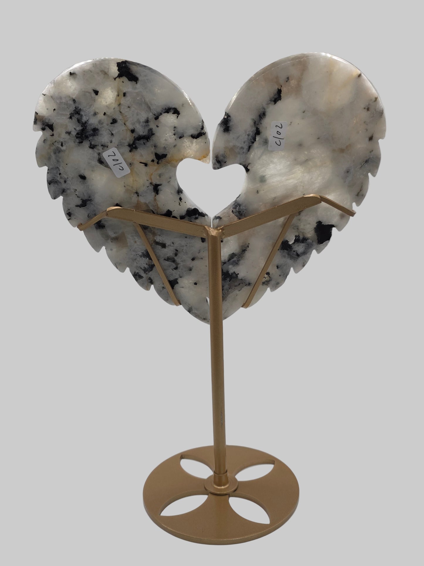 ๐๐ชฝ Rainbow Moonstone Heart Wings on Stand โ Divine Balance (10.75 in, 651 g)