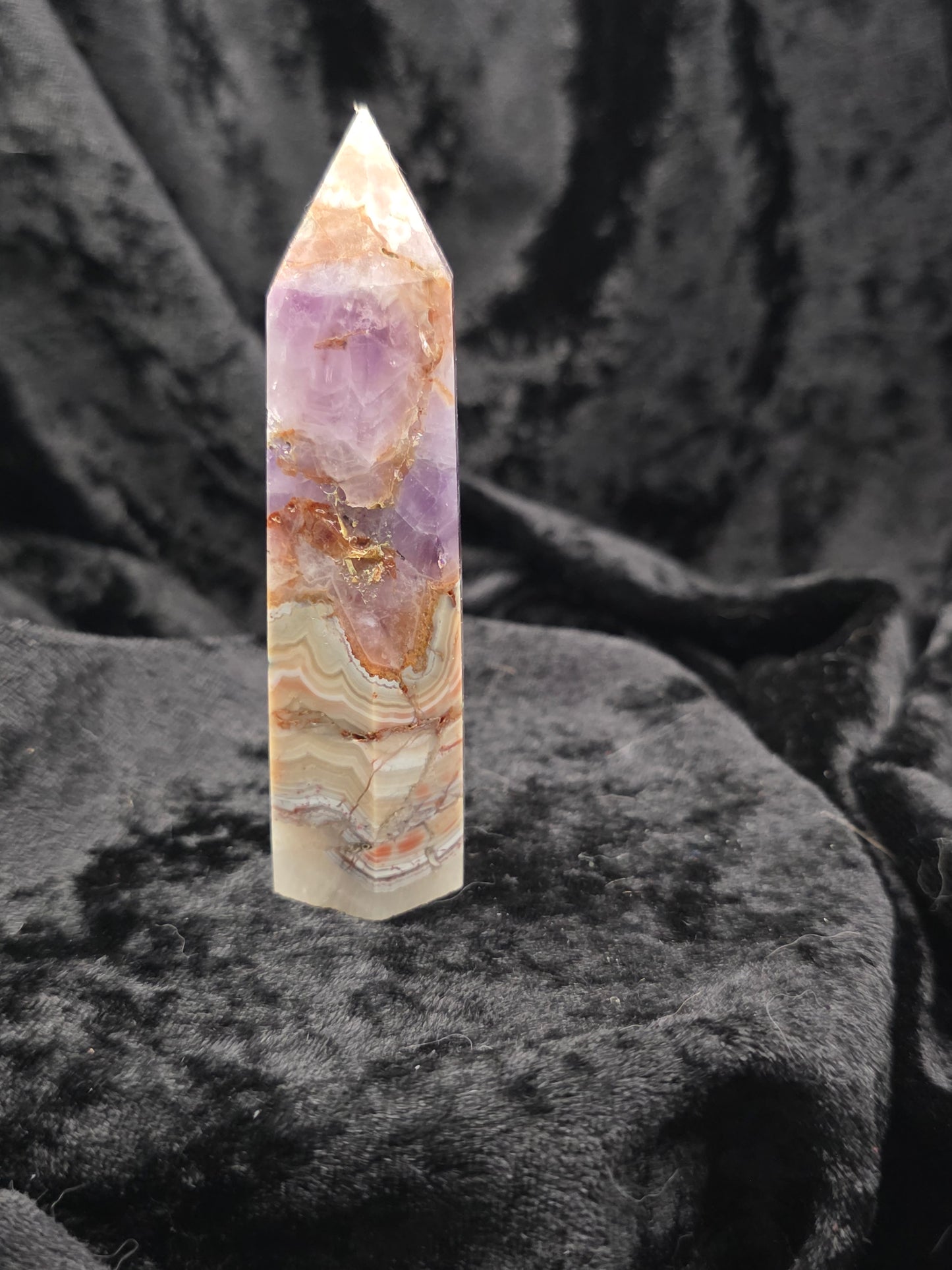 ๐๐ฅ Amethyst & Crazy Lace Agate Tower โ Resilient Glow (3.75 in, Flawed Beauty)