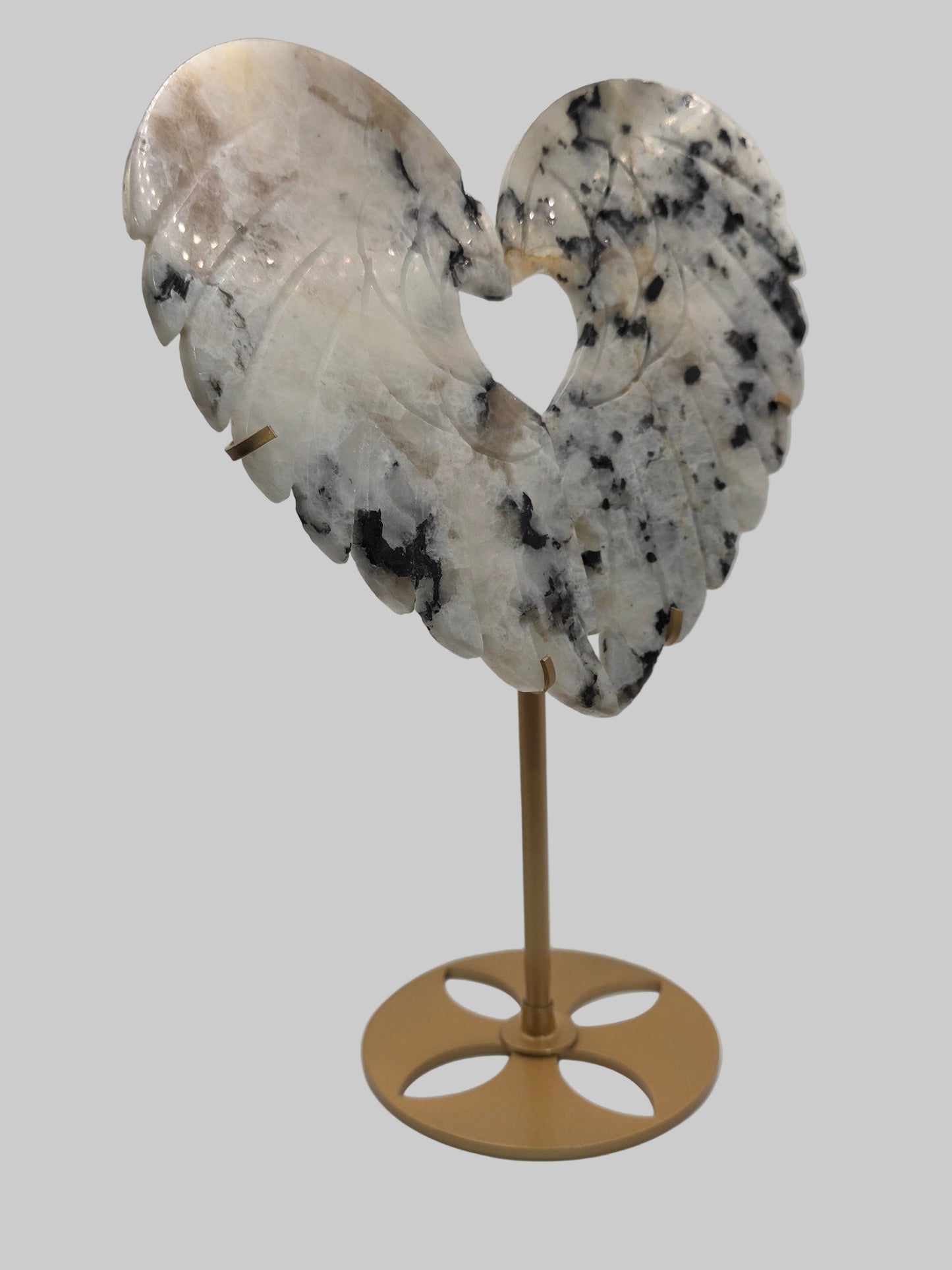 ๐๐ชฝ Rainbow Moonstone Heart Wings on Stand โ Divine Balance (10.75 in, 651 g)