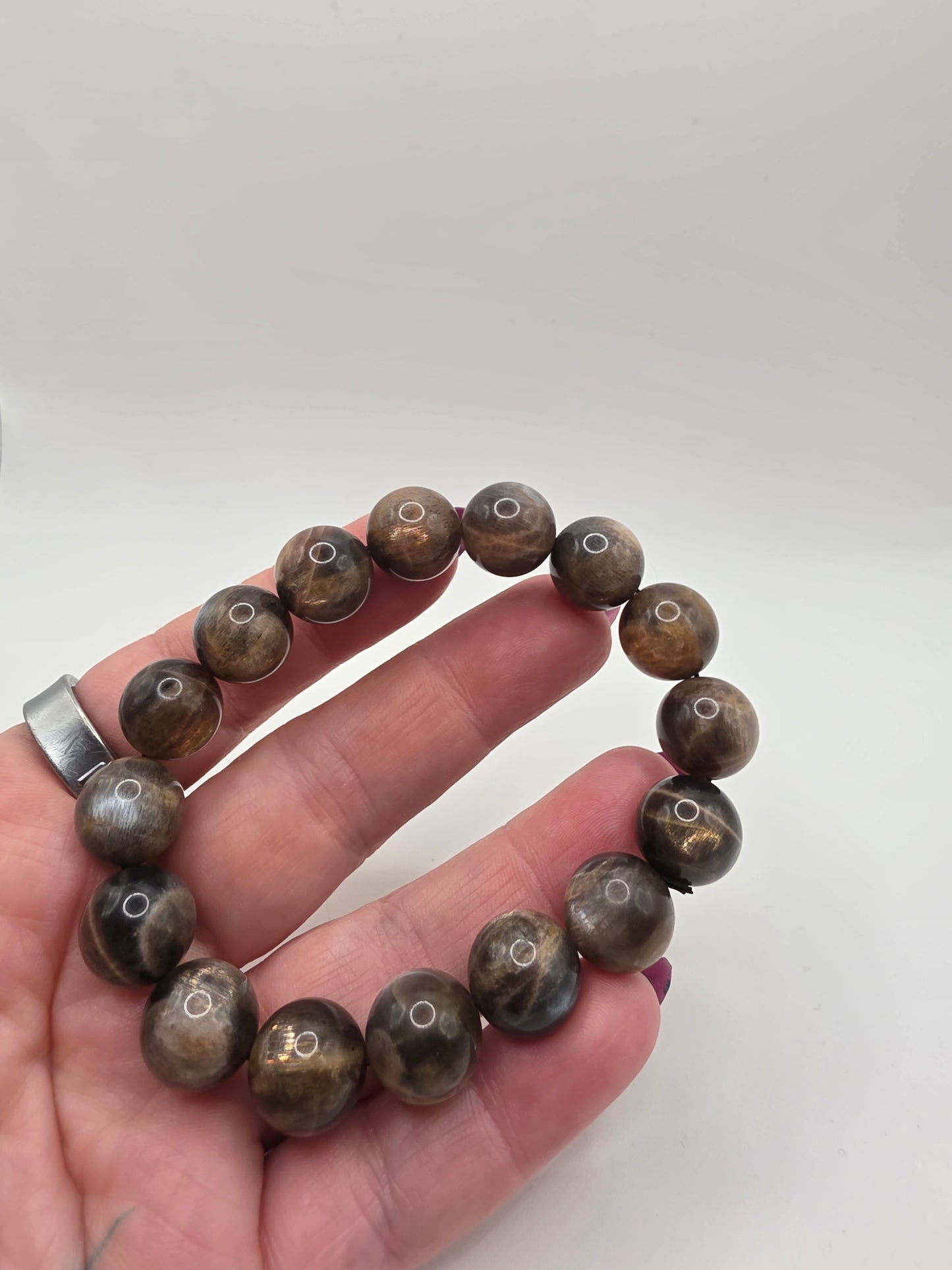 ๐ Black Moonstone Bracelet โ Shadow & Light (13mm Beads, UV Reactive Flash)