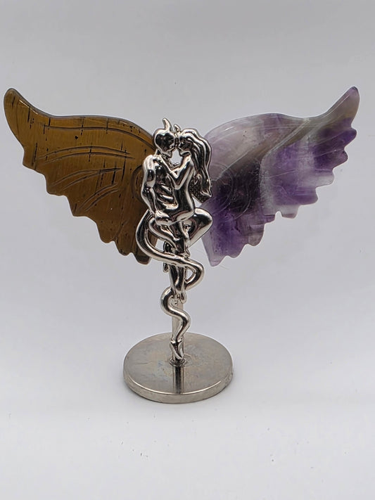 Mini Forbidden Love Wings featuring golden and purple crystal wings on silver stand.