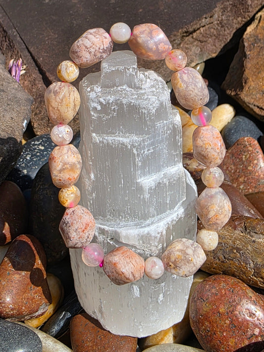 🪷 Flower Agate Bracelet – Bold Bloom in 14mm (Baroque Oval)
