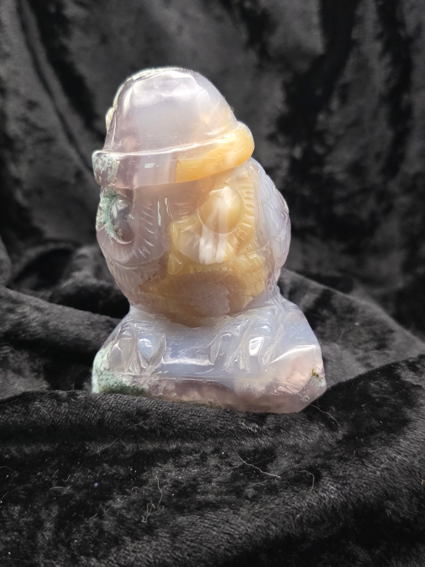 🦉 OJ Agate Owl with Hat Carving — Ancient Wisdom (3.6")