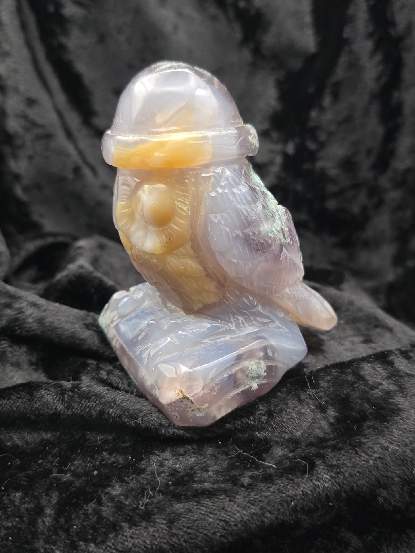 🦉 OJ Agate Owl with Hat Carving — Ancient Wisdom (3.6")
