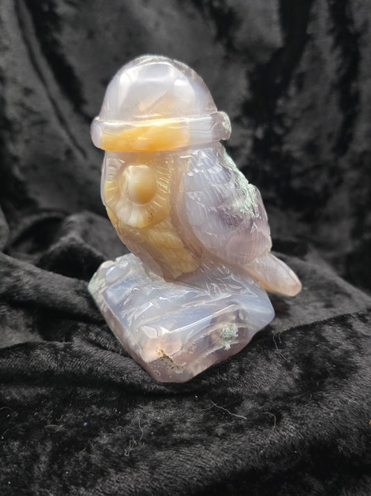 🦉 OJ Agate Owl with Hat Carving — Ancient Wisdom (3.6")