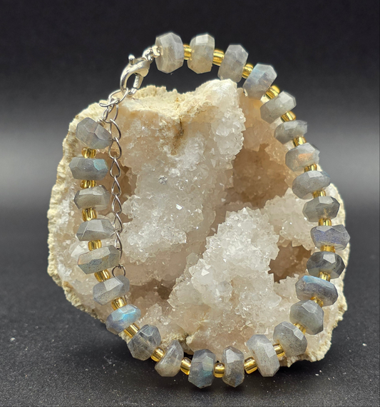 🌠 Labradorite Faceted Rondelle Bracelet – Starlit Spark (8.5 mm)