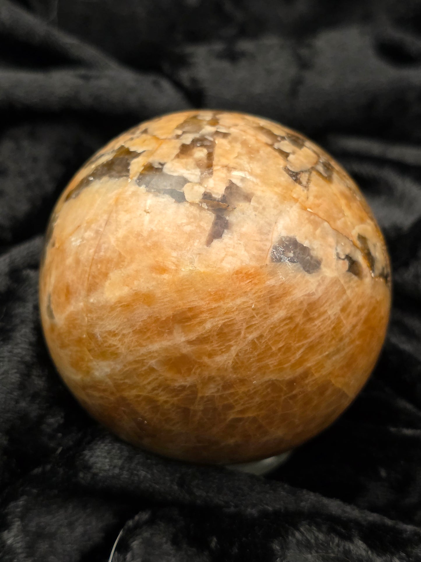 ⚡ Peach Moonstone x Black Tourmaline Sphere – Shielded Glow (2.33 in, 307 g)