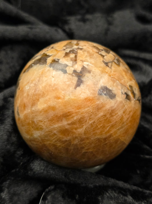 ⚡ Peach Moonstone x Black Tourmaline Sphere – Shielded Glow (2.33 in, 307 g)