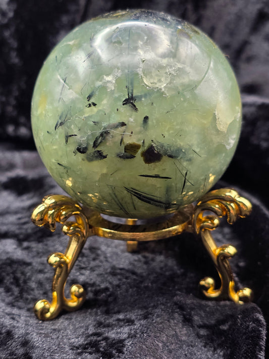 🌿 Prehnite Sphere – Flawed Beauty with Standing Strength (2.61 in, 443 g)