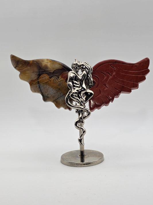 Mini Forbidden Love Wings with earthy brown and red crystal wings on silver stand.