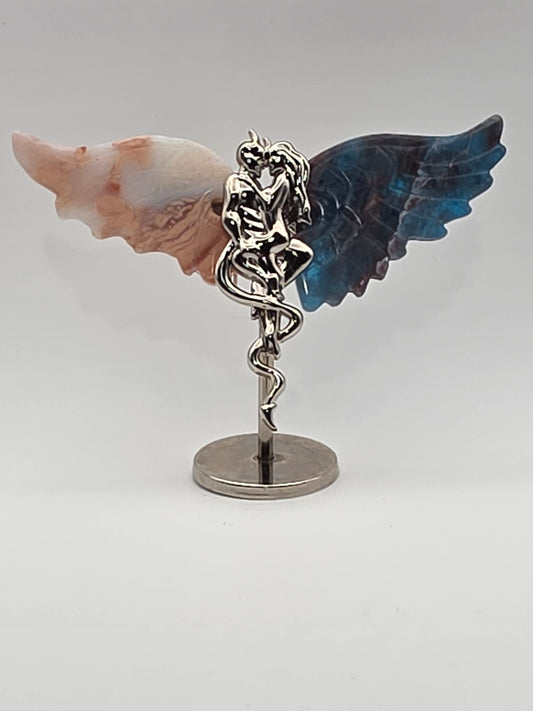 Mini Forbidden Love Wings featuring blue and pink crystal wings on silver stand.