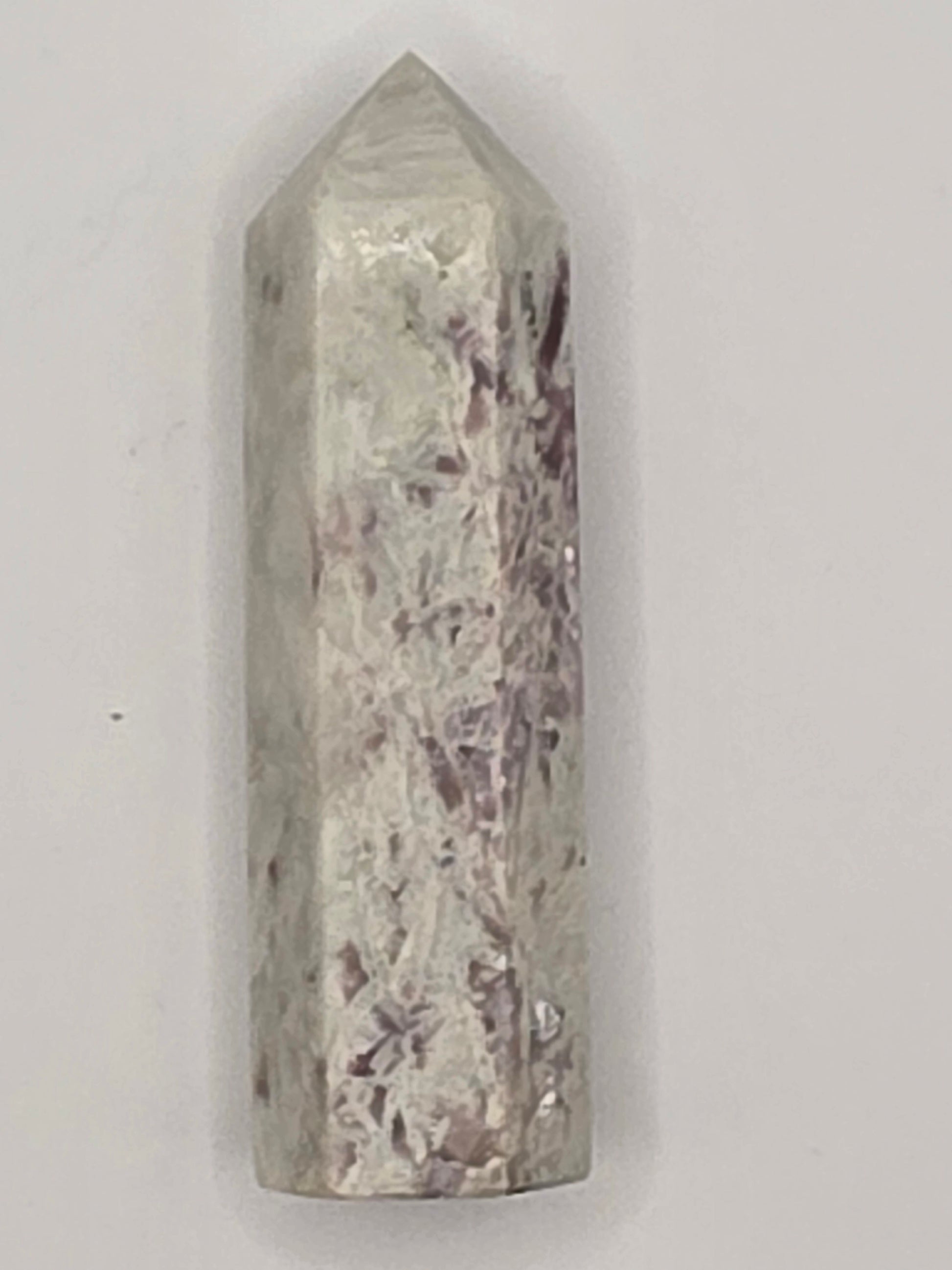 Alternate angle of Pink Lepidolite tower showing layered mica texture and natural sheen.