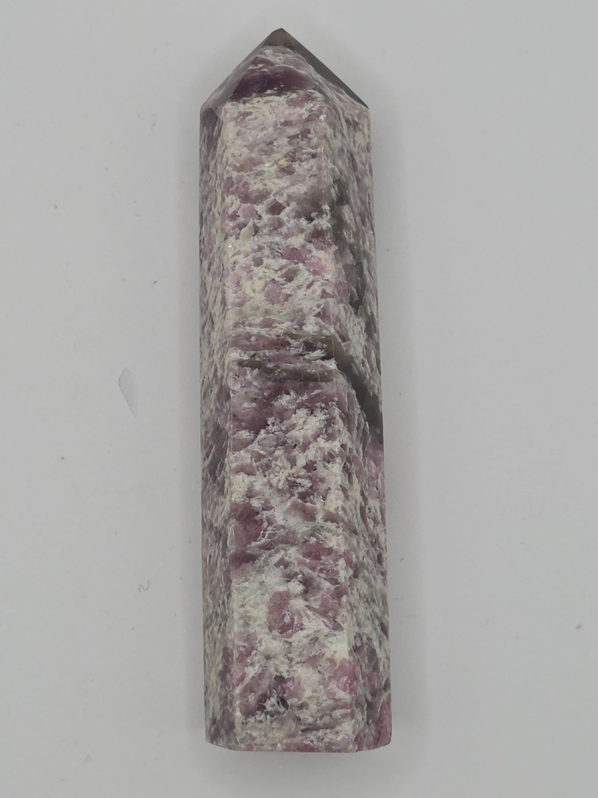 Alternate angle of Pink Lepidolite tower showing reflective mica texture and soft sheen.