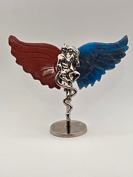 Mini Forbidden Love Wings with red and blue crystal wings on silver stand.
