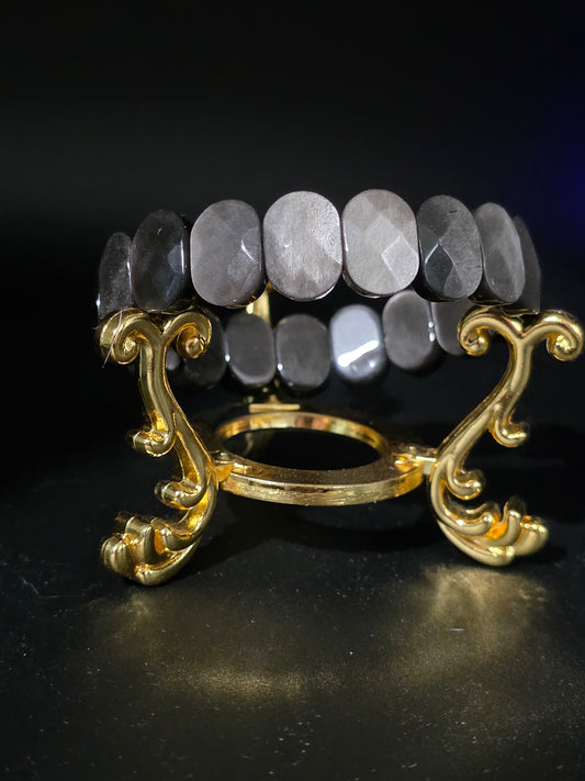 ⚫ Silver Obsidian Soft Bangle – Lunar Shield