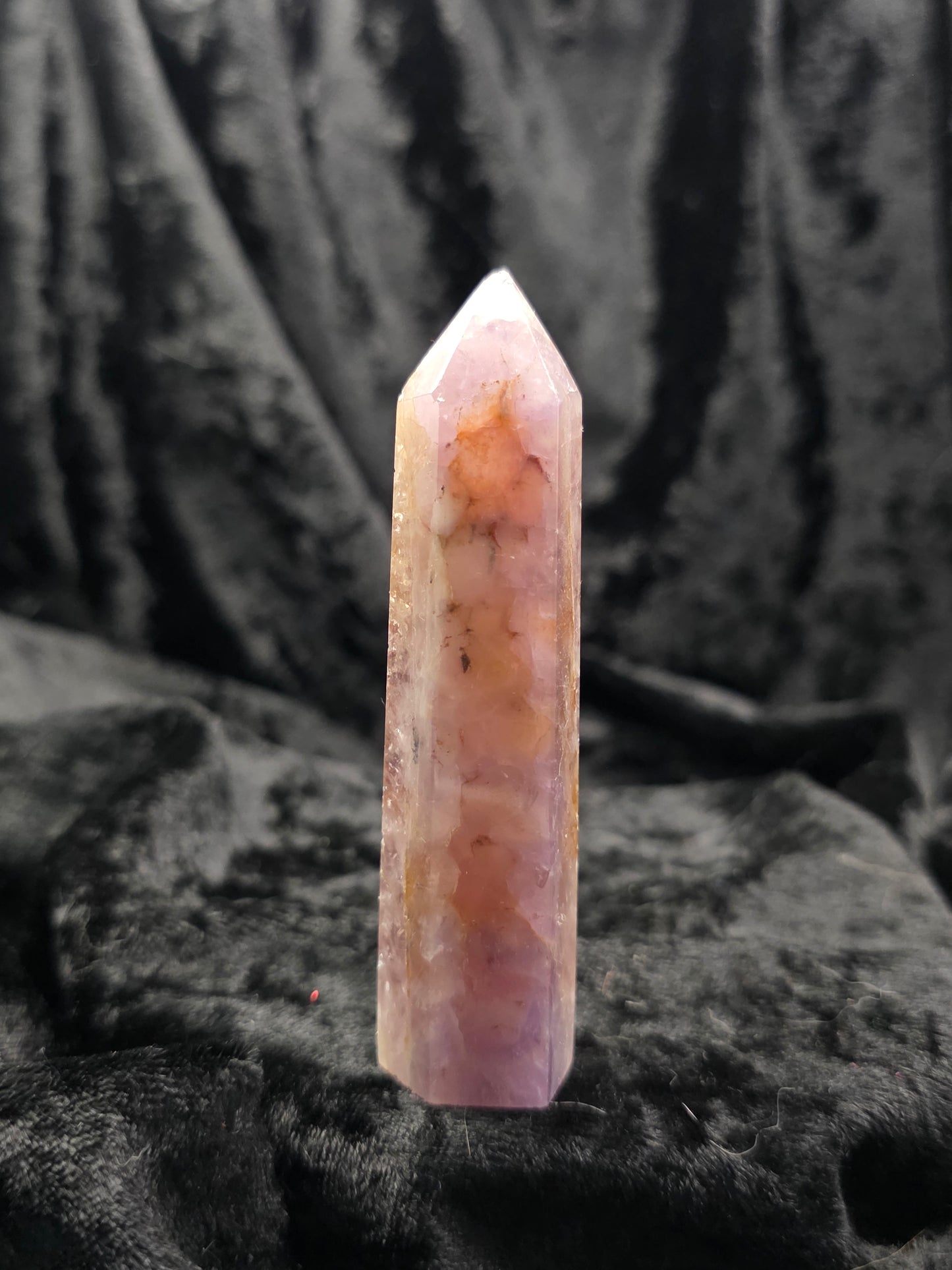 Amethyst & Crazy Lace Agate tower crystal point upright on dark  background