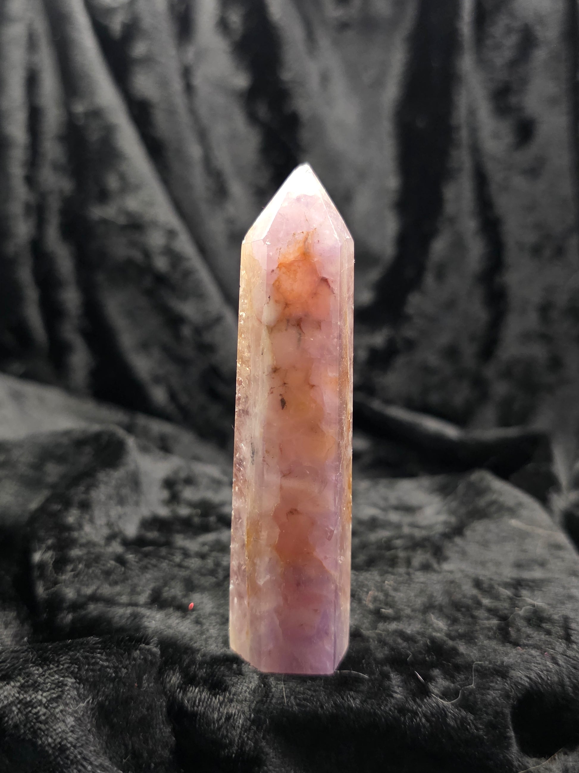 Amethyst & Crazy Lace Agate tower crystal point upright on dark  background