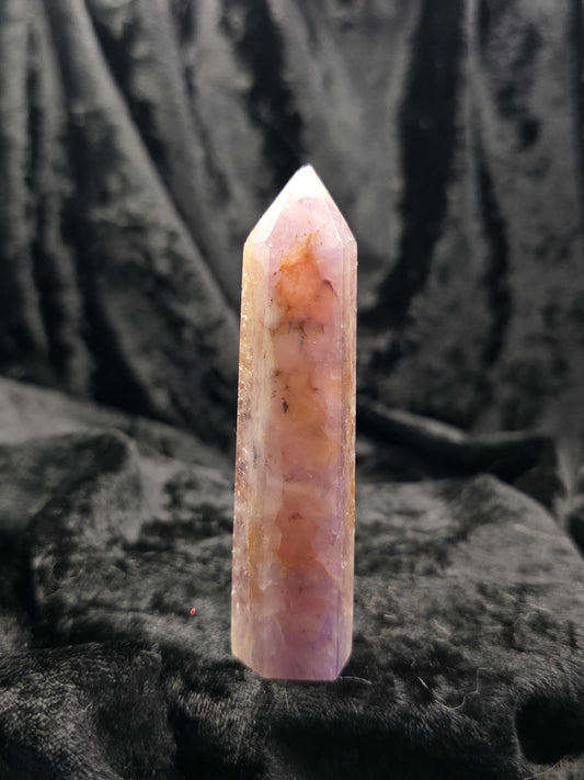 Amethyst & Crazy Lace Agate tower crystal point upright on dark  background