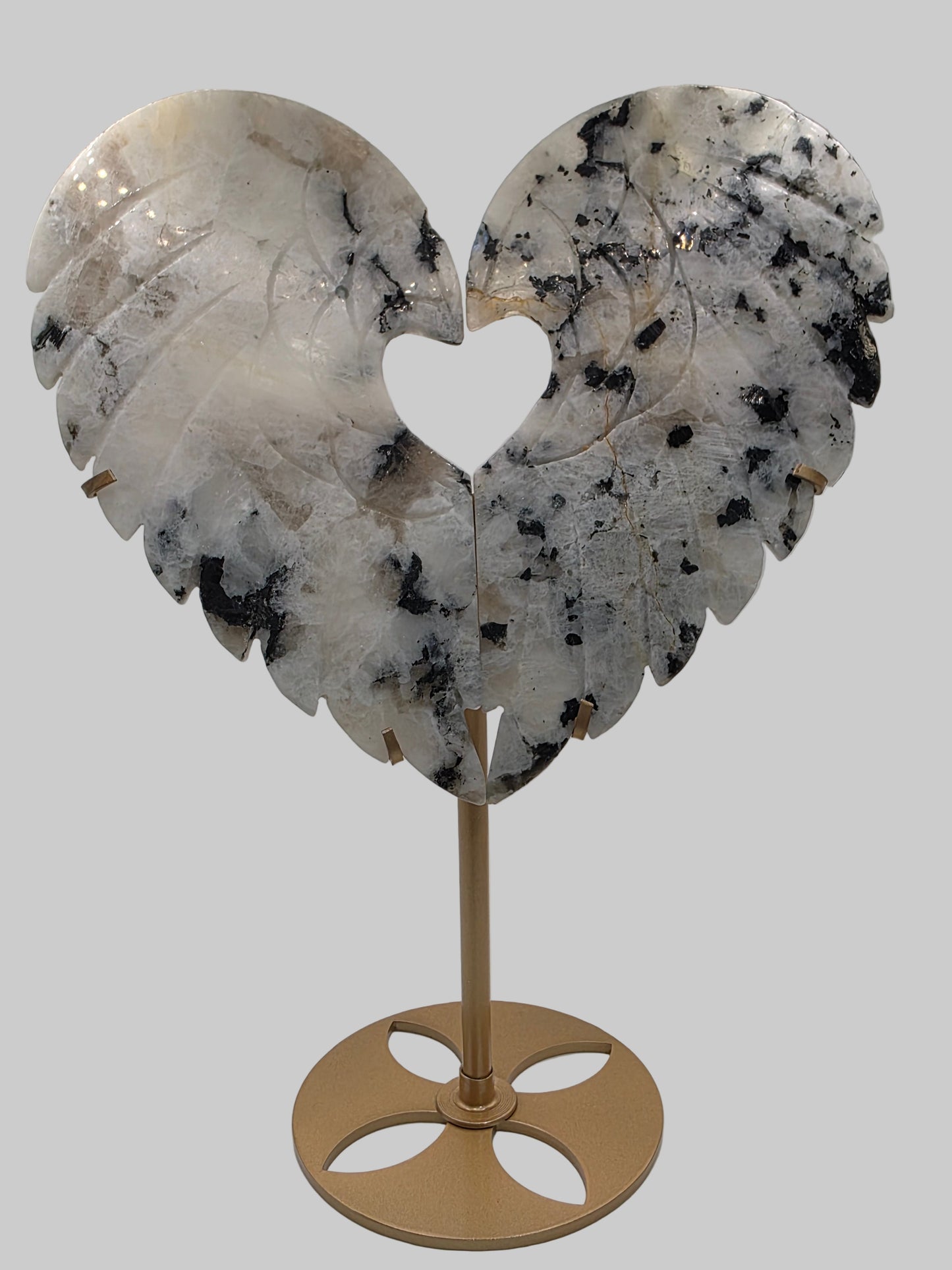 🌈🪽 Rainbow Moonstone Heart Wings on Stand – Divine Balance (10.75 in, 651 g)
