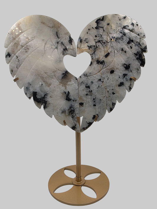 🌈🪽 Rainbow Moonstone Heart Wings on Stand – Divine Balance (10.75 in, 651 g)