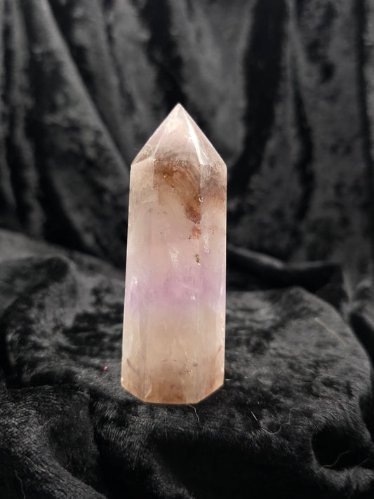 Amethyst & Crazy Lace Agate tower crystal point on black background second view