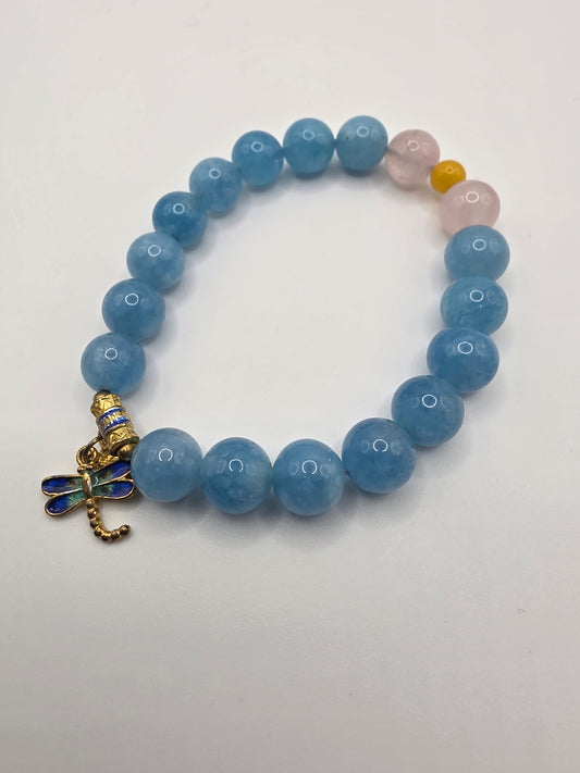 🩵 Aquamarine with Rose Quartz Bracelet – Gentle Waves (10mm, Firefly Charm)