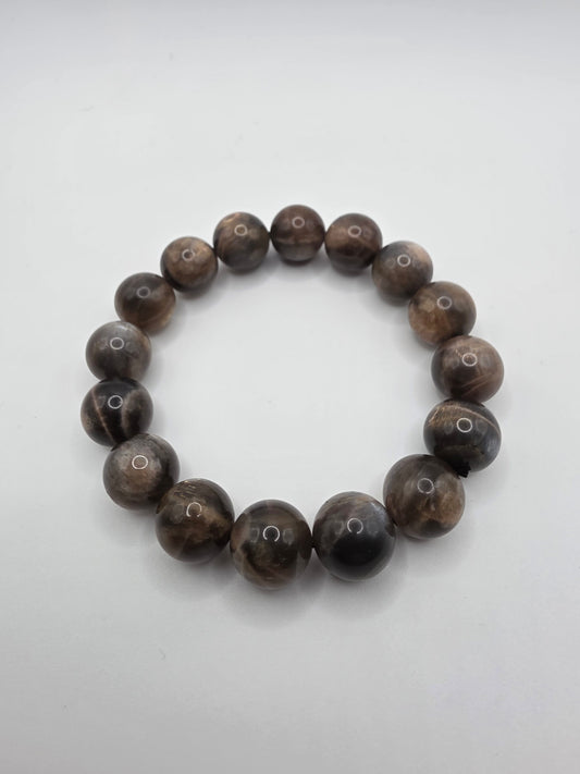 🌑 Black Moonstone Bracelet – Shadow & Light (13mm Beads, UV Reactive Flash)