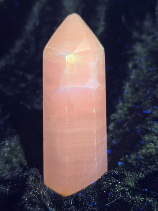 🌸⚡ Pink Calcite Tower – Neon Heart Glow (3 in, Flawed Beauty)