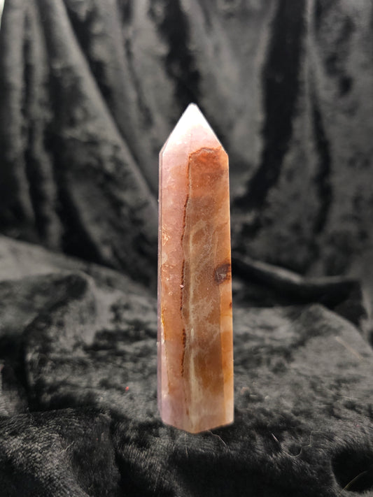Amethyst & Crazy Lace Agate tower crystal point on dark background side view