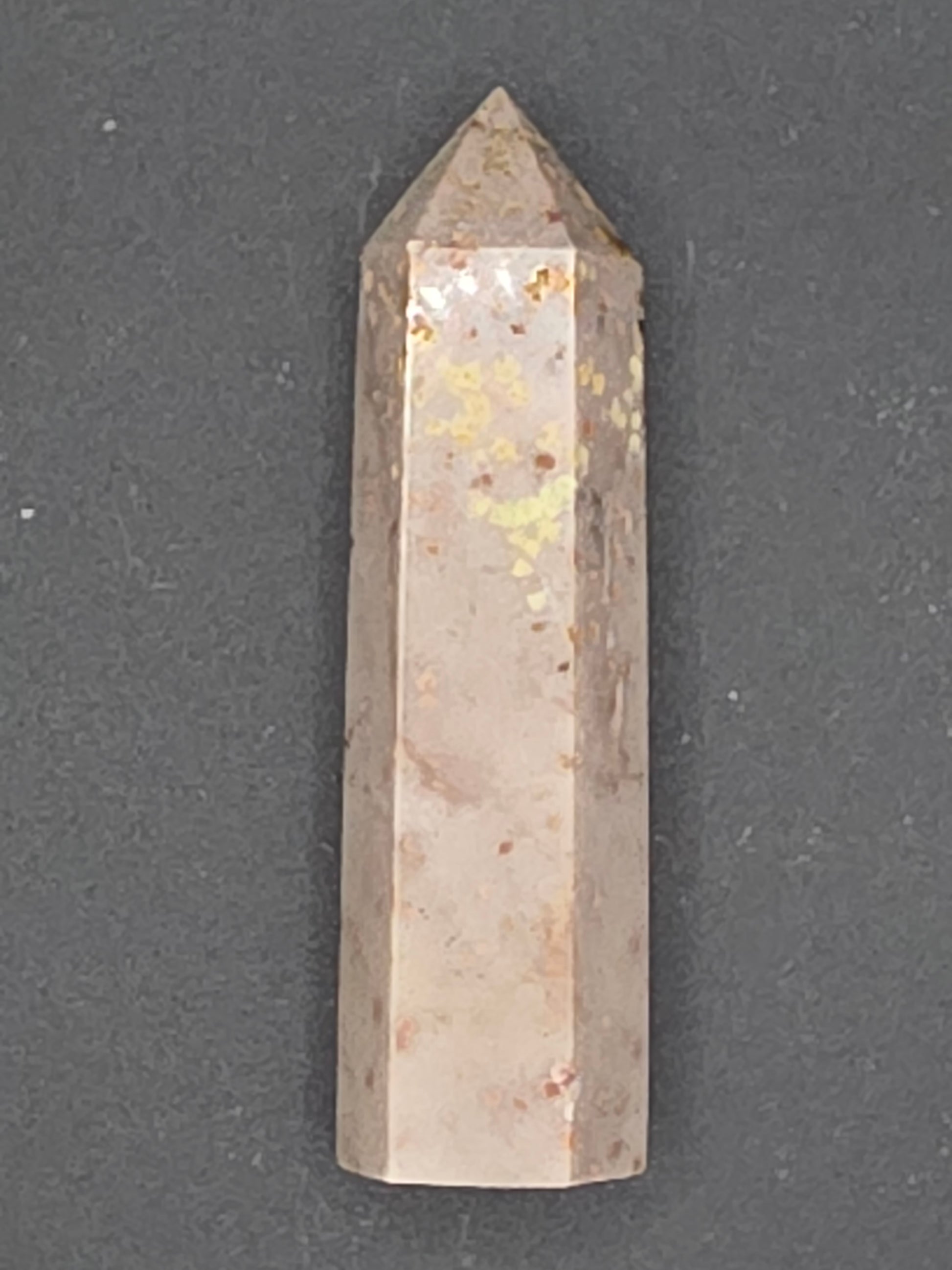 Soft peach Sunstone (Aventurine Feldspar) crystal tower, 3.25 inches tall, with natural freckles and gentle sheen. Promotes grounded confidence and creativity.